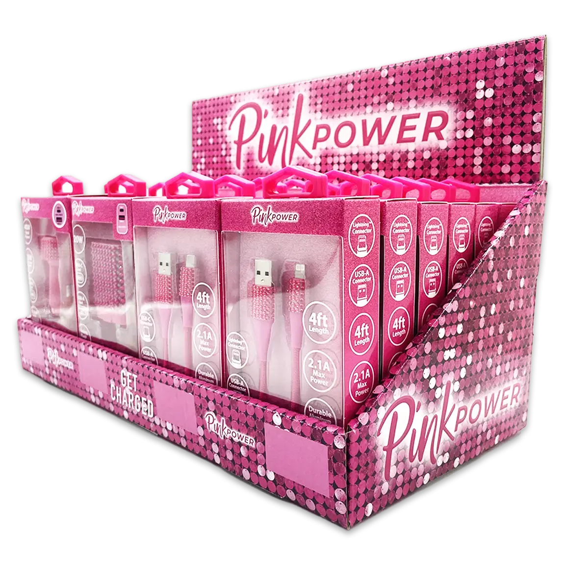 Car Charger / Wall Charger / Charging Cable Pink Power Assortment - 20 Pieces Per Retail Ready Display Kit 88527 1