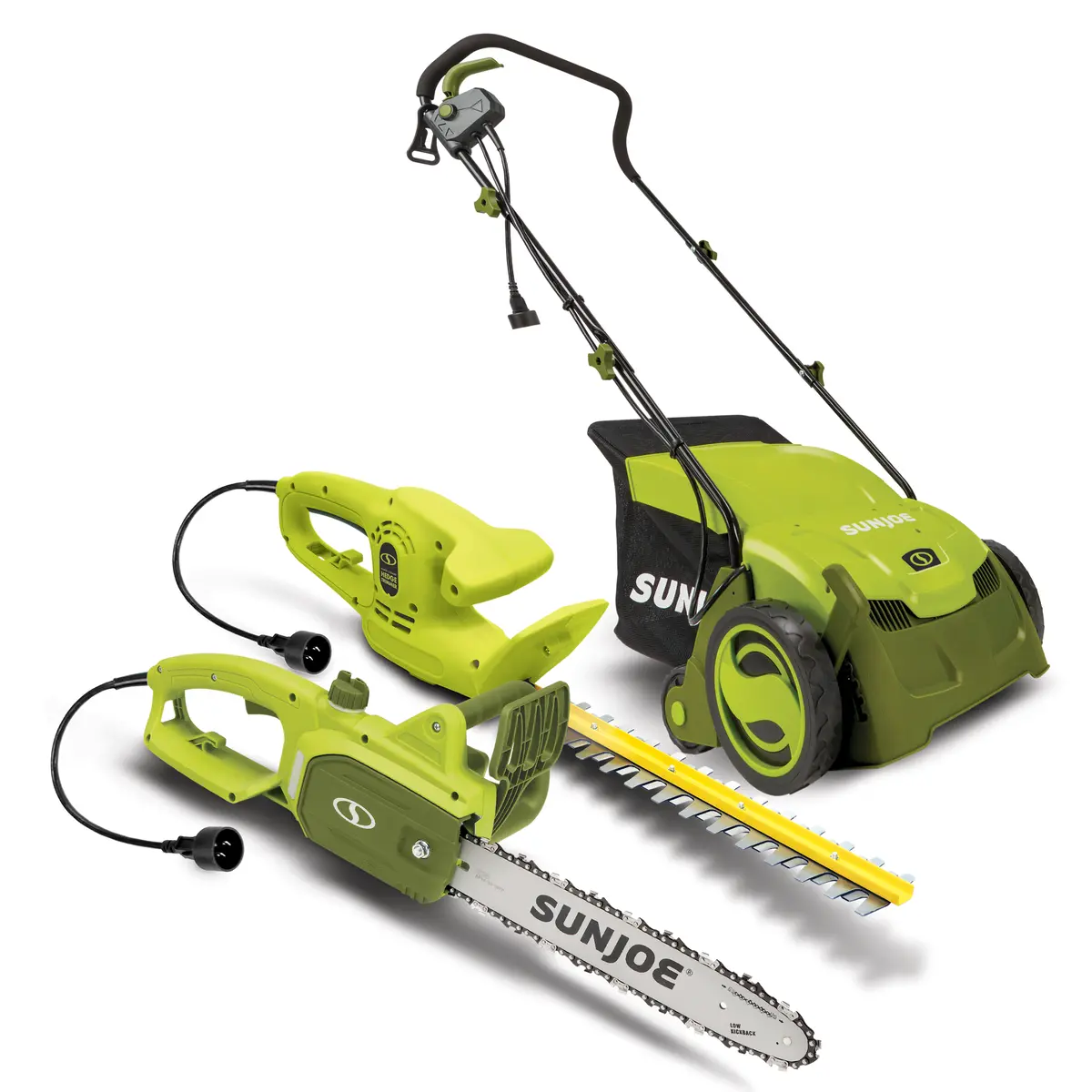 Sun Joe Master Cutter Bundle | Electric Dethatcher + Chainsaw + Hedge Trimmer 1