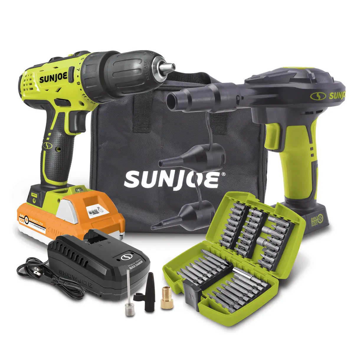 Sun Joe Cordless Drill + High-Volume Inflator Bundle 1