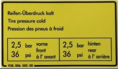 928 006 505 00 - Gas Flap Sticker - Tire Pressure - Usa/Row - 78 To 79 - Back Order 1