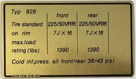 928 006 516 00 - Tire Pressure Decal - 928S Row & Australia. 1