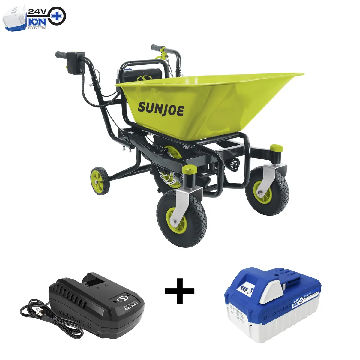 Sun Joe 24V-Wb1000 24-Volt* Ionmax Cordless Self-Propelled Wheelbarrow | 500 W Brushless Motor | 333 Lb. Max Load Capacity | W/ 4.0-Ah Battery + Quick Charger 1