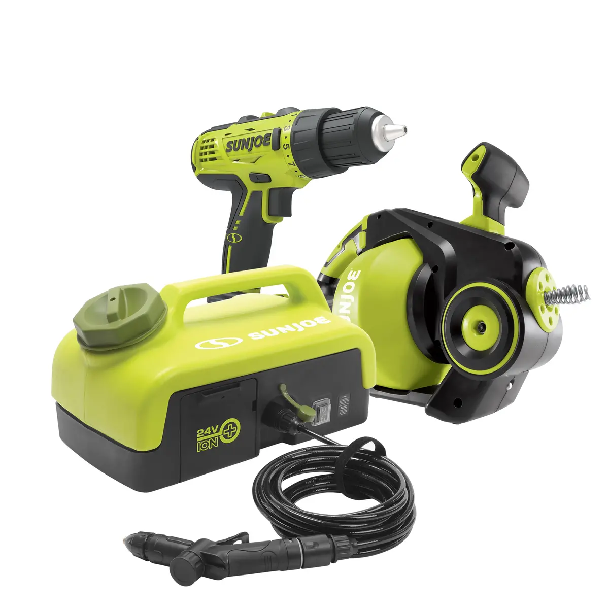 Sun Joe 24V-Home-Bdl Cordless Home Care Bundle | W/ Washer, Drain Auger, And Drill Driver 1