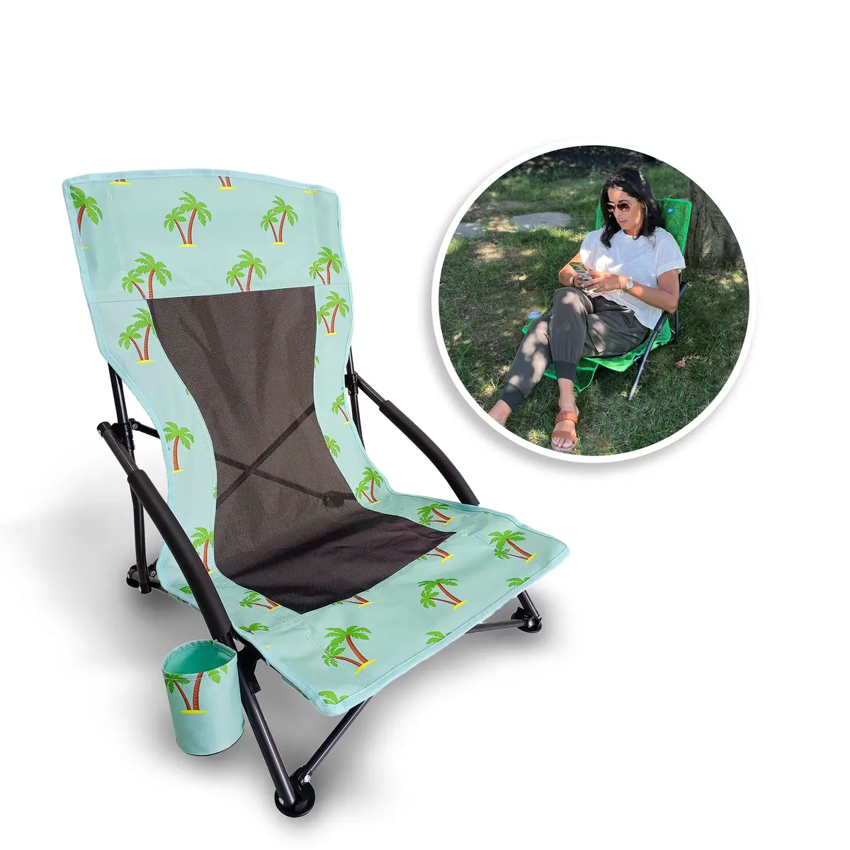 Bliss Hammocks Bbc-353-Pt Collapsible Beach Chair W/ Cup Holder | Storage Bag Included | 275 Lb. Capacity (Palm Tree) 1