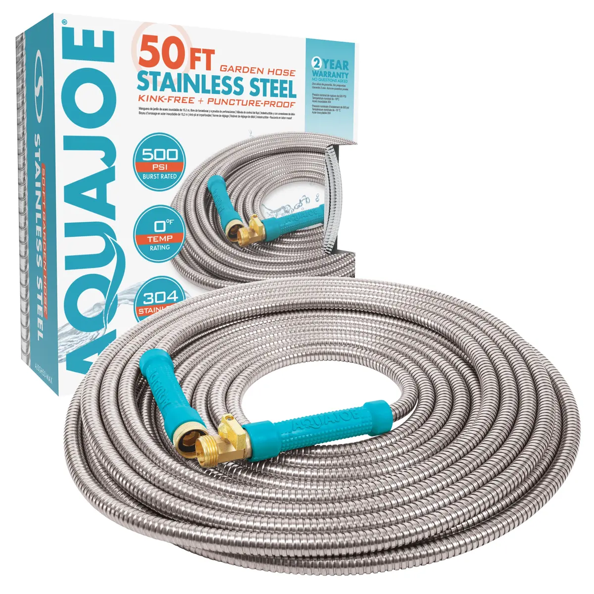 Aqua Joe Ajsgh50-Max Heavy-Duty Puncture Proof Kink-Free Garden Hose | 50-Foot | 1/2-Inch | W/ Brass Fitting & On/Off Valve | Spiral Constructed 304-Stainless Steel Metal 1