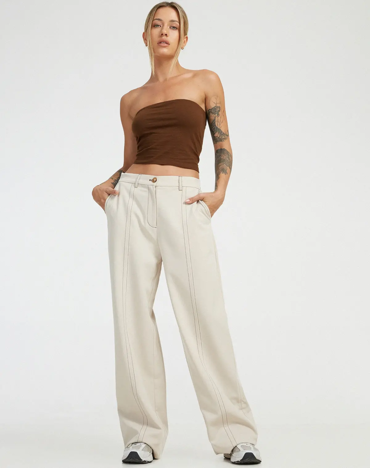 Albus Trouser In Ecru Brown Stitch 1