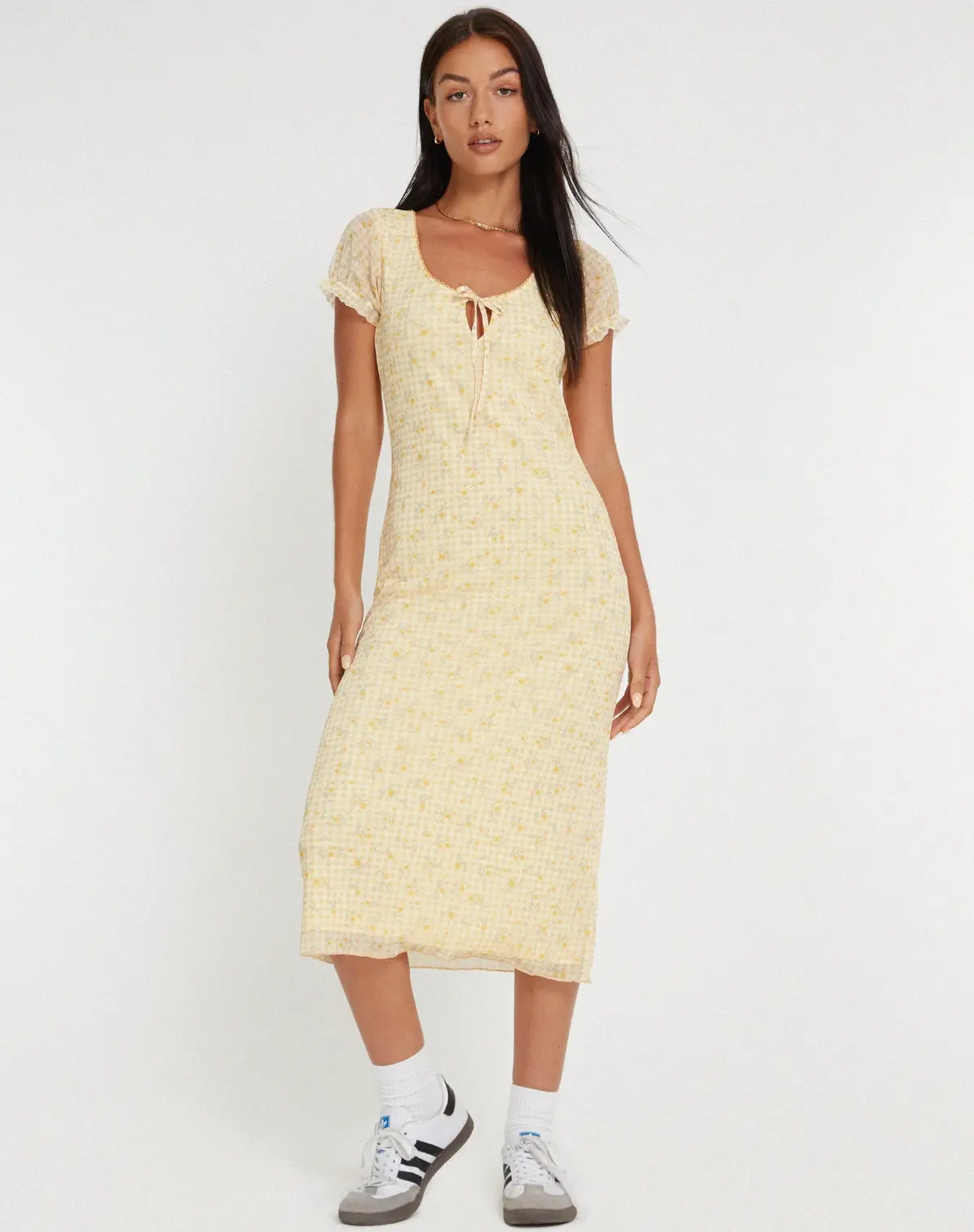 Aroha Midi Dress In Gingham Floral Yellow 1