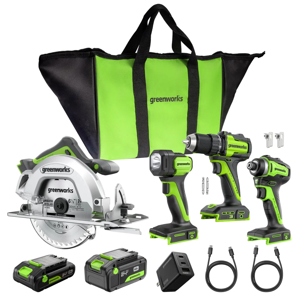 24V Brushless 4-Piece Power Tool Combo Kit – Drill/Driver, Circular Saw, Impact Driver, Led Flashlight, (1) 4.0Ah & (1) 2.0Ah Usb-C Batteries, 65W Usb-C Fast Charger Included 1