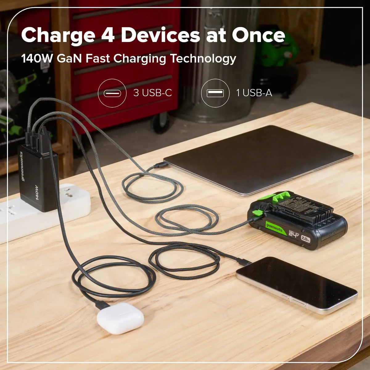 Greenworks Powerall 140W Charger, (3) Usb-C Ports And Usb-A Port 2