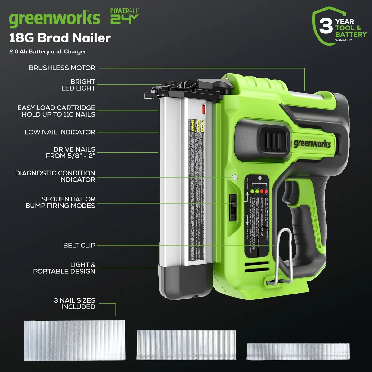 24V 18 Gauge Brad Nailer, 2.0Ah Battery And Charger Included 2