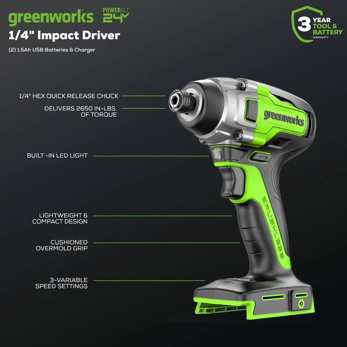 24V Brushless Impact Driver, (2) 1.5Ah Batteries And Charger Included - Id24l1520 2