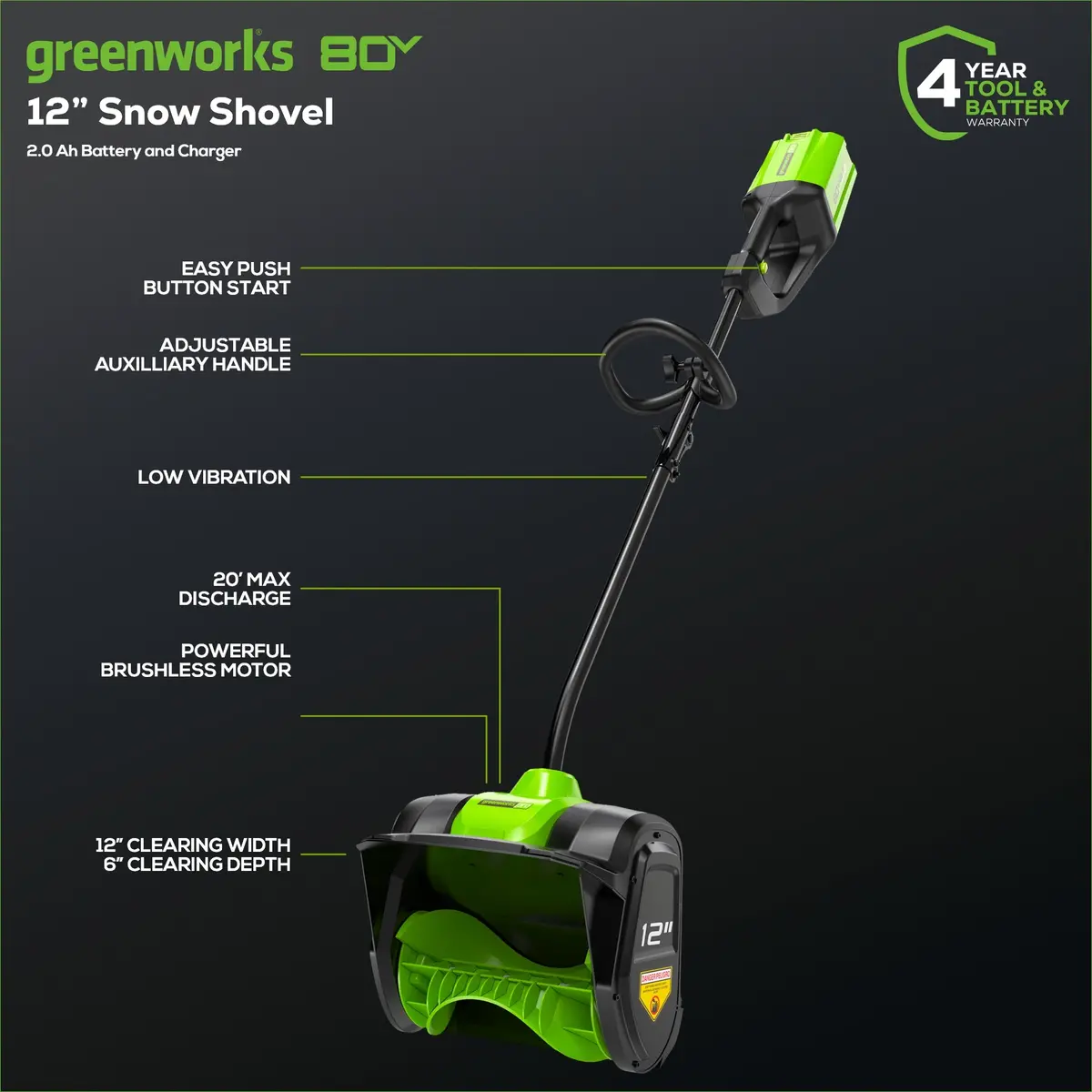 Greenworks Pro 80V 12" Cordless Snow Shovel, 2.0Ah Battery And Charger Included 2
