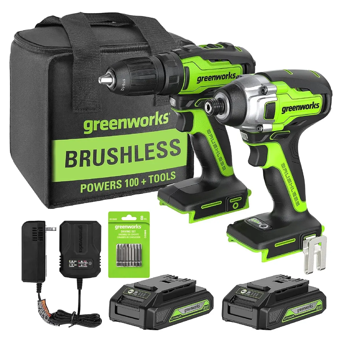 24V Brushless 1/2" Drill/Driver, 1/4" Hex Impact Driver, (2) 2.0Ah Battery & Charger Included Bonus: 8 Pc Bit Set 1