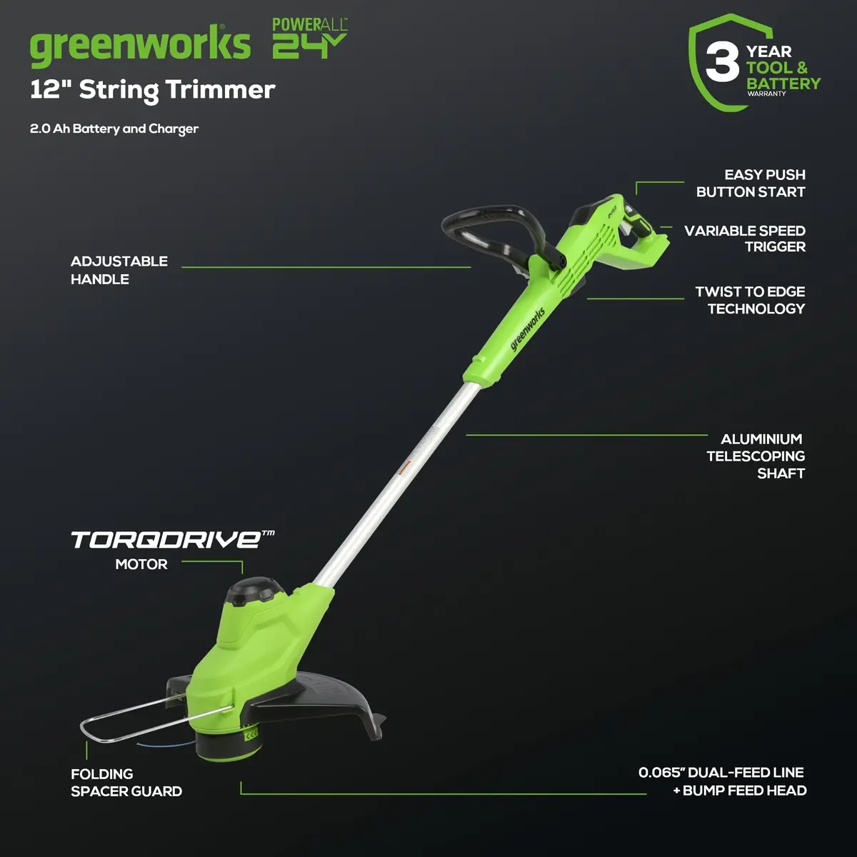 24V 12" Torqdrive String Trimmer, 2.0Ah Usb Battery And Charger Included St24b02 2
