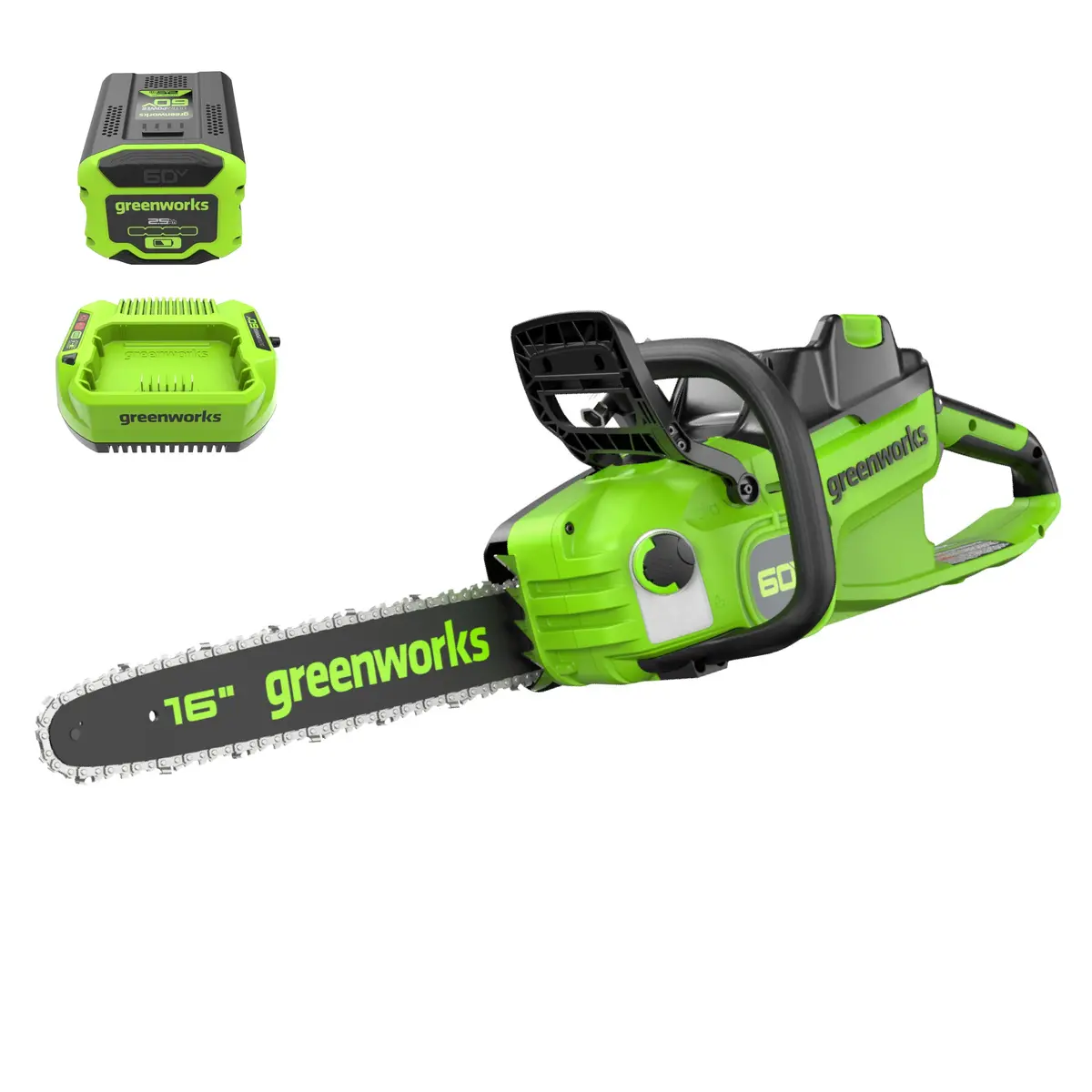 60V 16" 1.5Kw Brushless Chainsaw, 2.5 Ah Battery & 3 Amp Charger Included 1