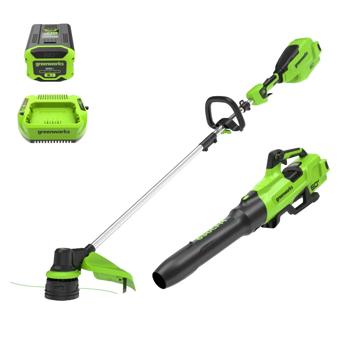 60V 16" String Trimmer & 630 Cfm - 170 Mph Blower Combo, 2.5Ah Battery And 3A Charger Included 1