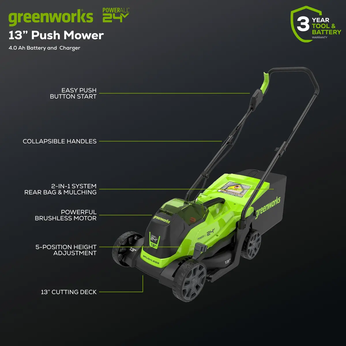 24V 13" Brushless Lawn Mower, 4.0Ah Battery And Charger Included 2