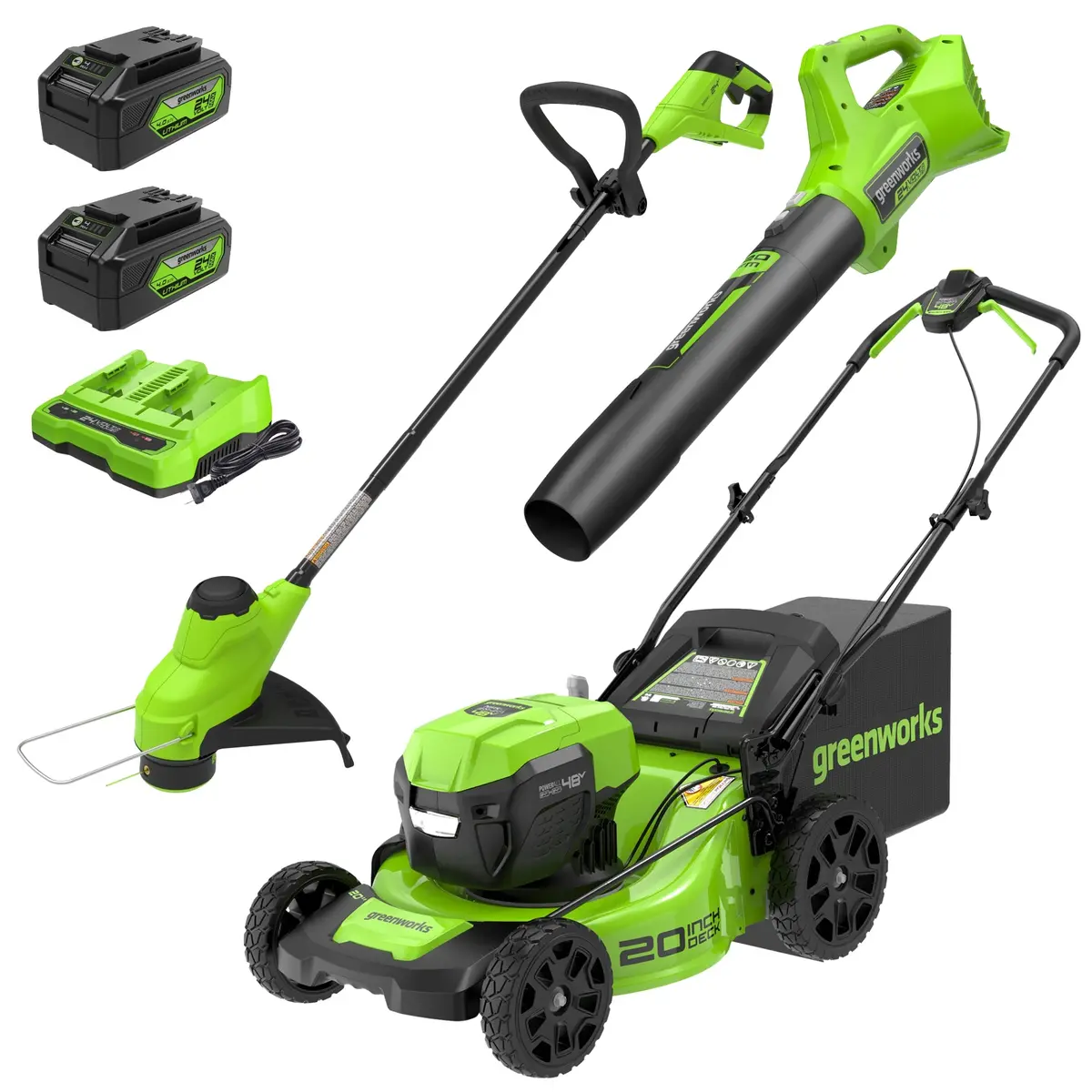 48V (24V X 2) Lawn Mower & String Trimmer & Blower Combo, (2) 4.0Ah Batteries And Dual Port Charger Included 1
