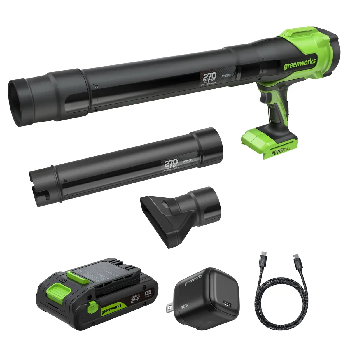 24V 270 Cfm - 130 Mph Brushless Blower, 3.0Ah Battery And 30W Type-C Charger With 3-Ft Cord Included 1
