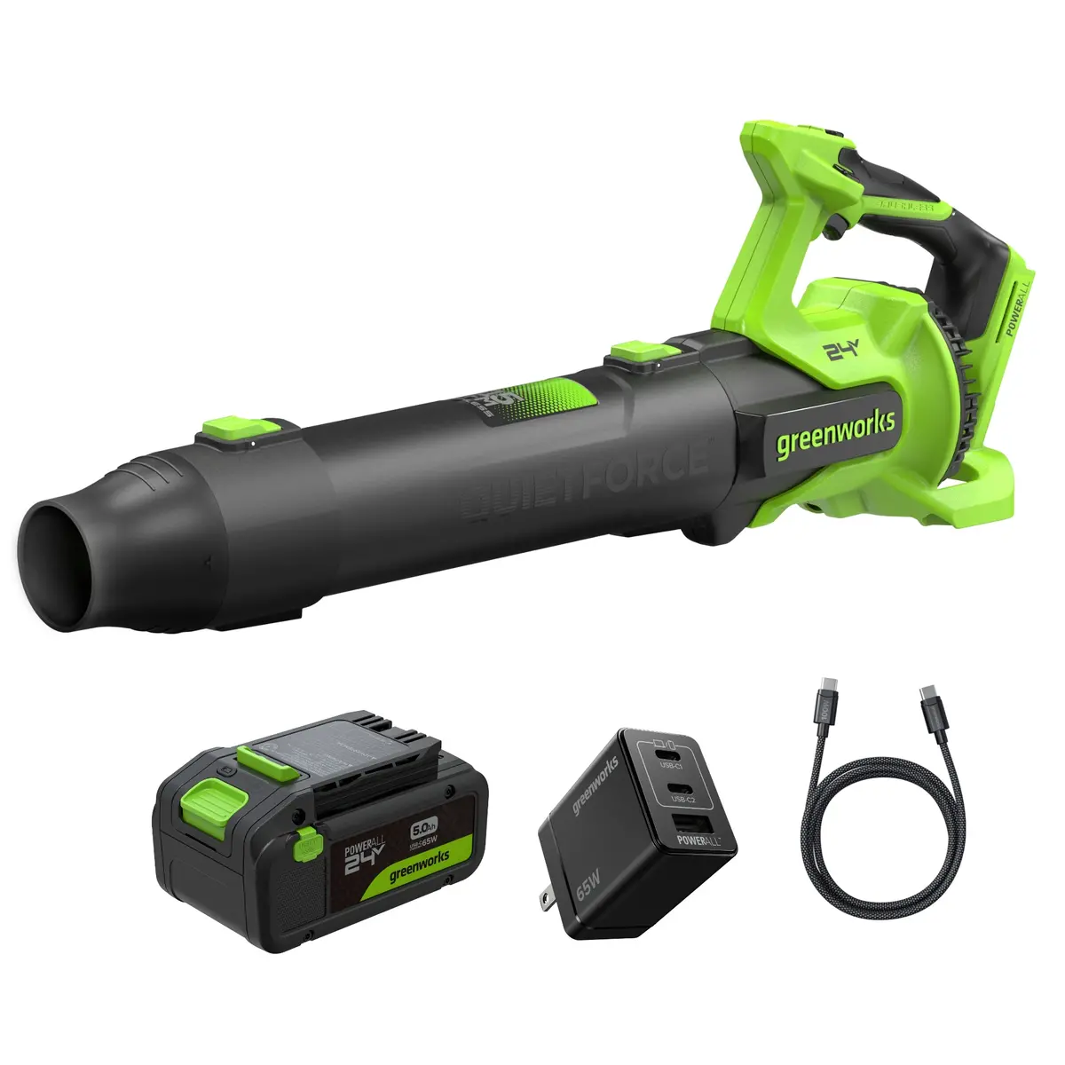 24V Brushless 515 Cfm - 130 Mph Blower, 5.0Ah Battery And 65W Type-C Charger With 3-Ft Cord Included 1