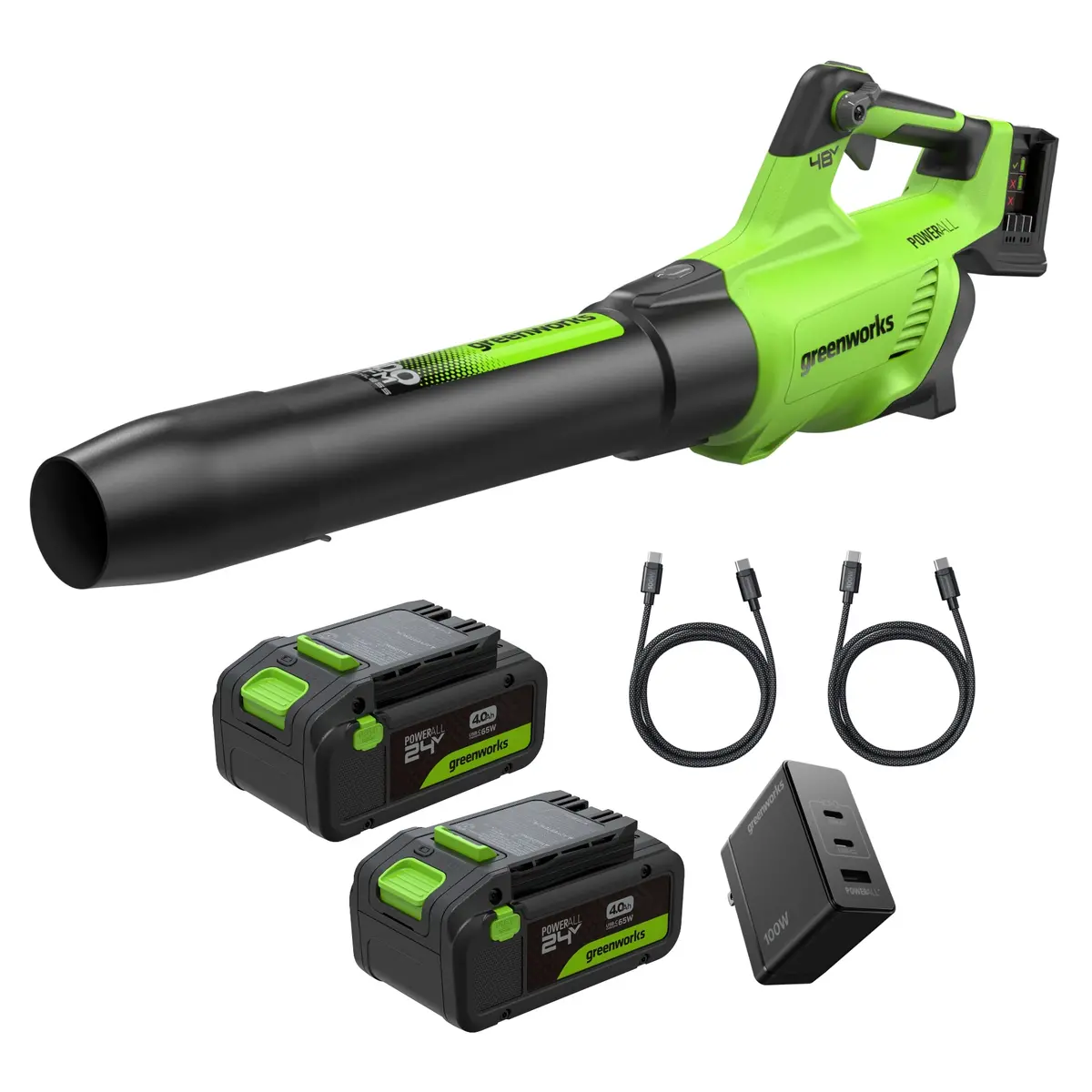 48V (24V X 2) 600 Cfm- 150 Mph Brushless Blower, (2) 4.0Ah Batteries And 100W Type-C Charger With 2 X 3-Ft Cord Included 1