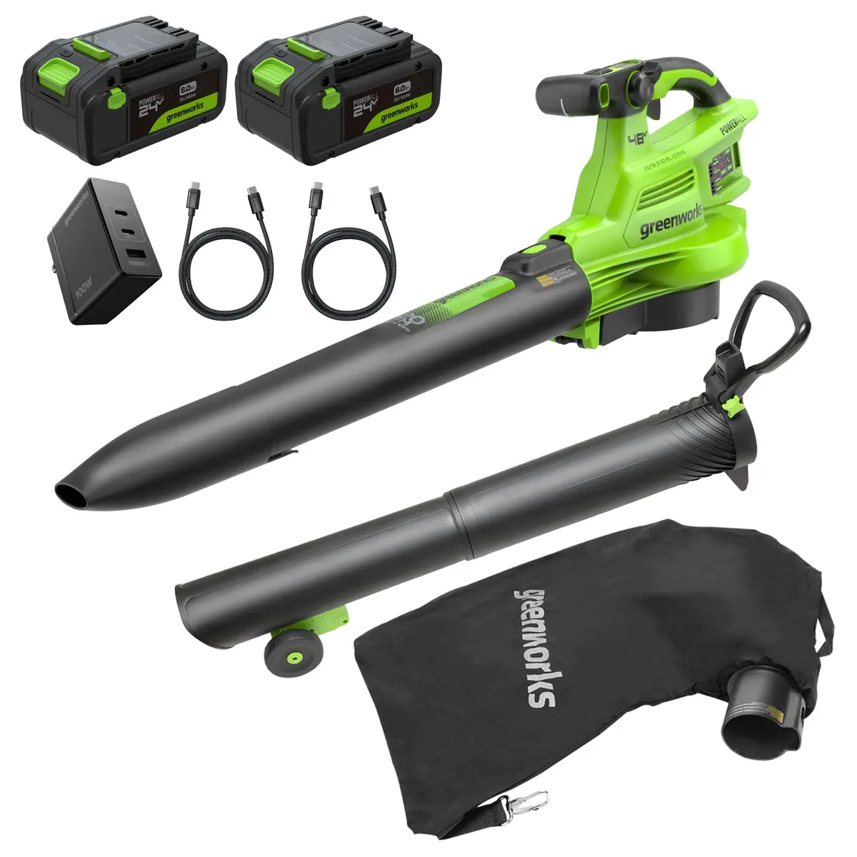 48V (24V X 2) Brushless Blower / Vacuum, (2) 6.0Ah Batteries And 100W Type-C Charger With (2) 3-Ft Cords Included 1