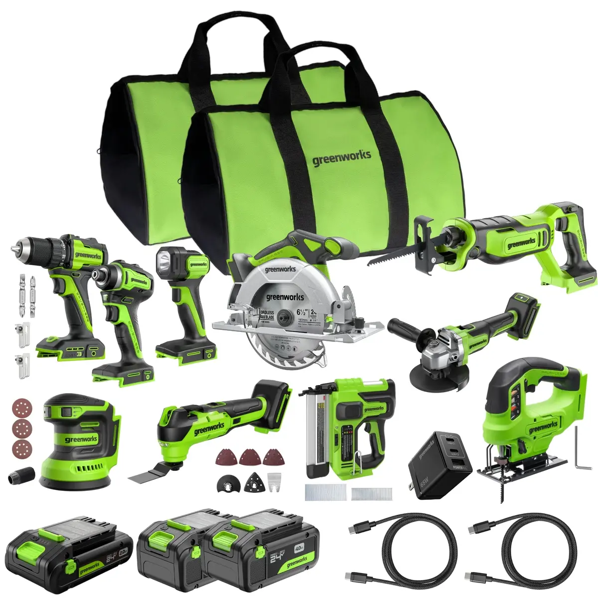 24V Brushless 10-Piece Power Tool Combo Kit, (2) 4.0Ah & (1) 2.0Ah Usb-C Batteries & 65W Charger Included 1