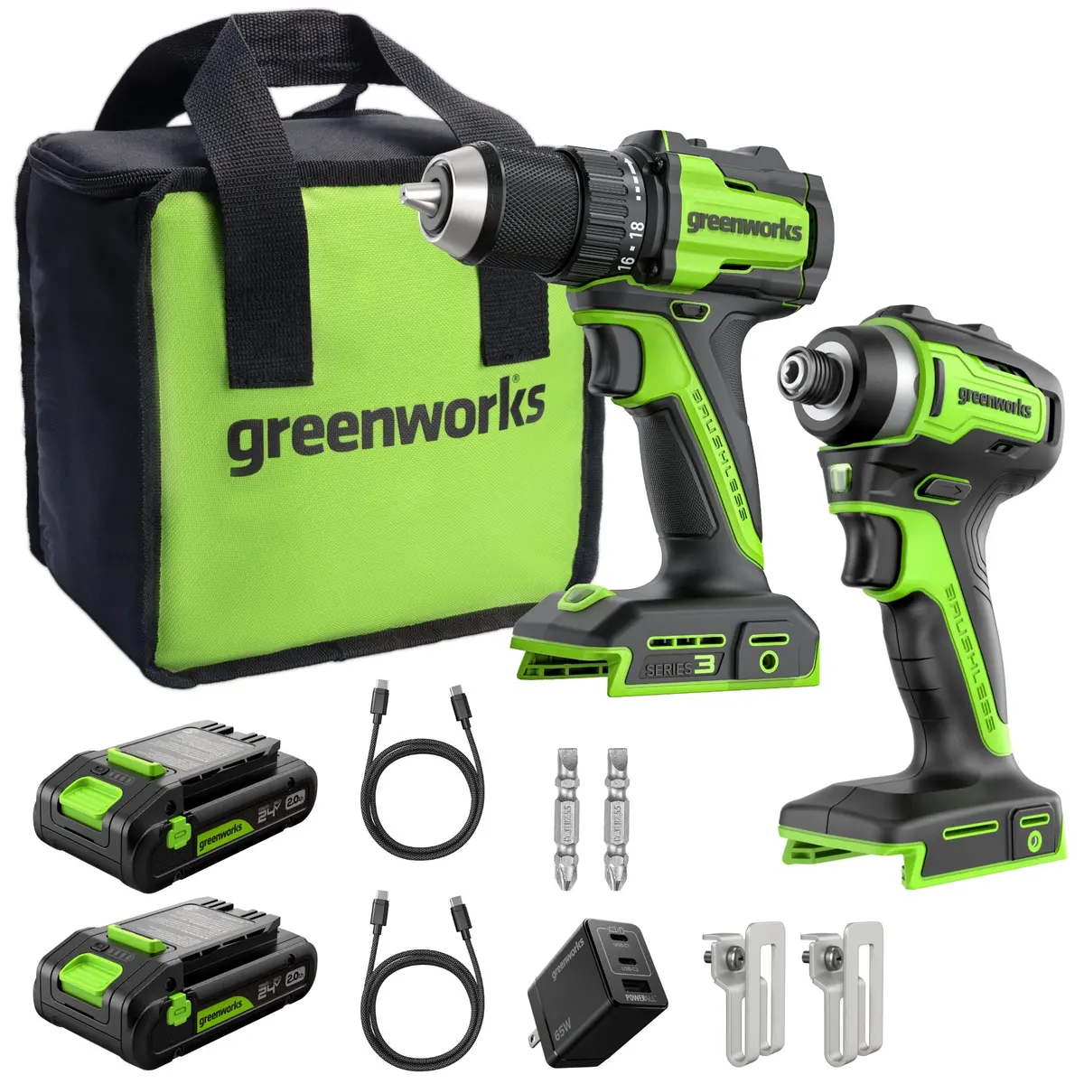 24V Cordless Battery 400 In-Lbs Drill / Driver And 1950 In-Lbs Impact Driver – (2) 2.0Ah Usb-C Batteries & 65W Usb-C Fast Charger Included 1