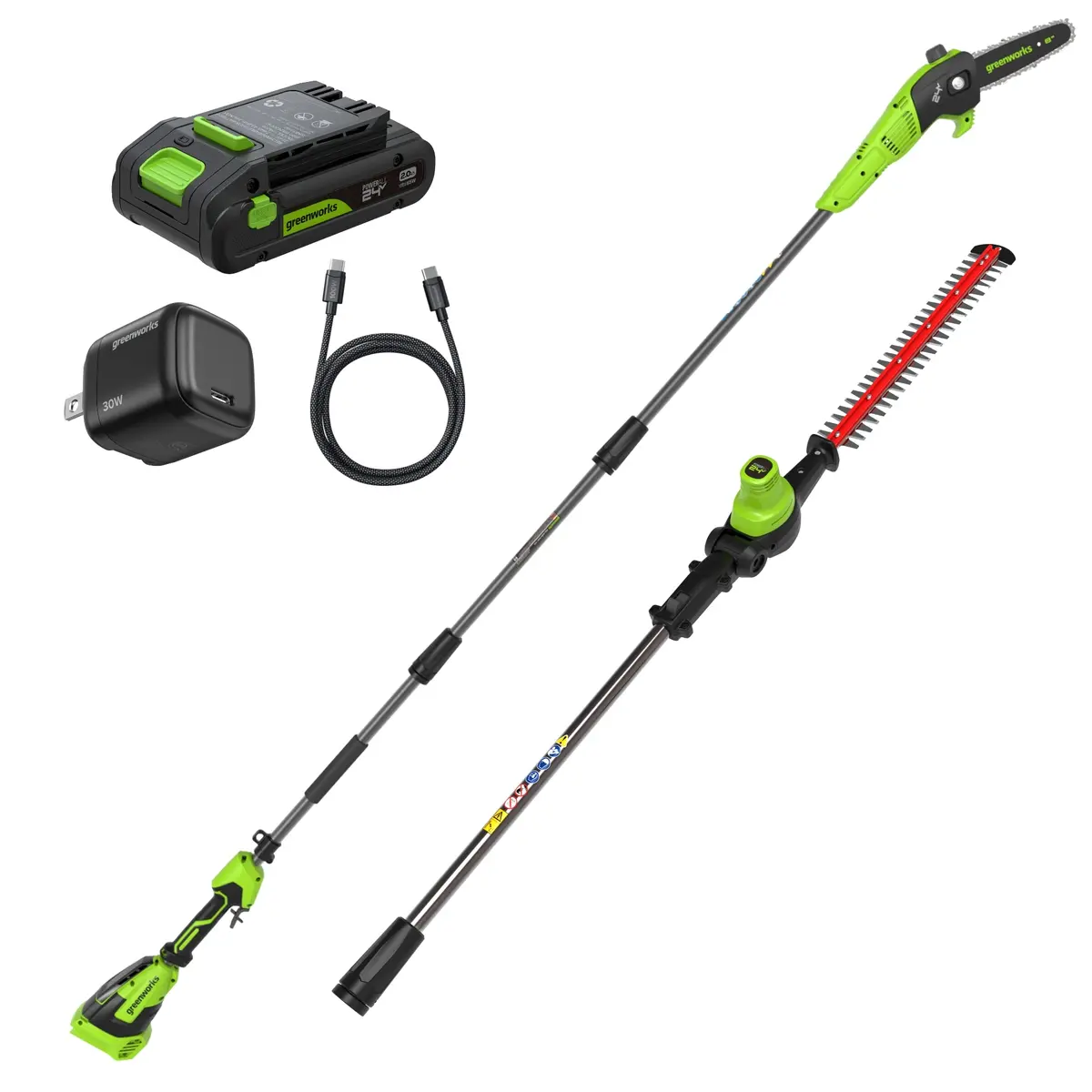 24V Brushless 8" Pole Saw & 20" Pole Hedge Combo, 2.0Ah Battery And 30W Type-C Charger With 3-Ft Cord Included 1
