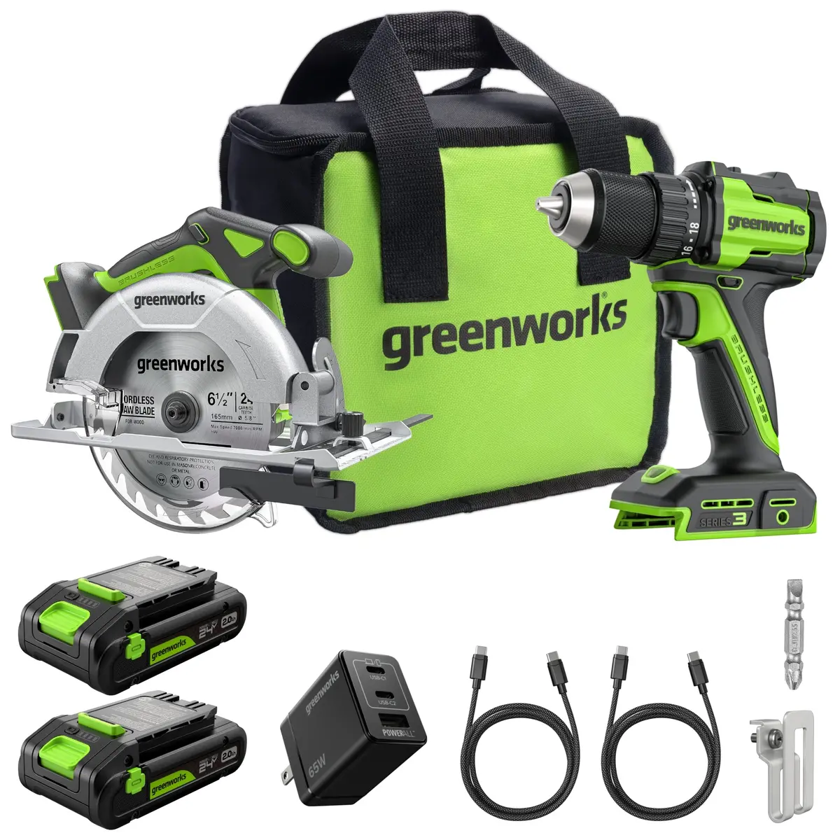 24V Brushless Drill/Driver & 6.5" Circular Saw Combo Kit – (2) 2.0Ah Usb-C Batteries & 65W Usb-C Fast Charger Included 1