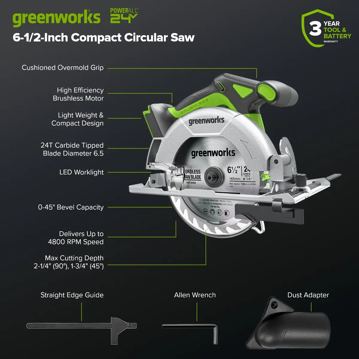 Greenworks 24V Brushless 6-Piece Power Tool Combo Kit, (1) 4.0Ah & (1) 2.0Ah Usb-C Batteries, 65W Usb-C Fast Charger Included 2