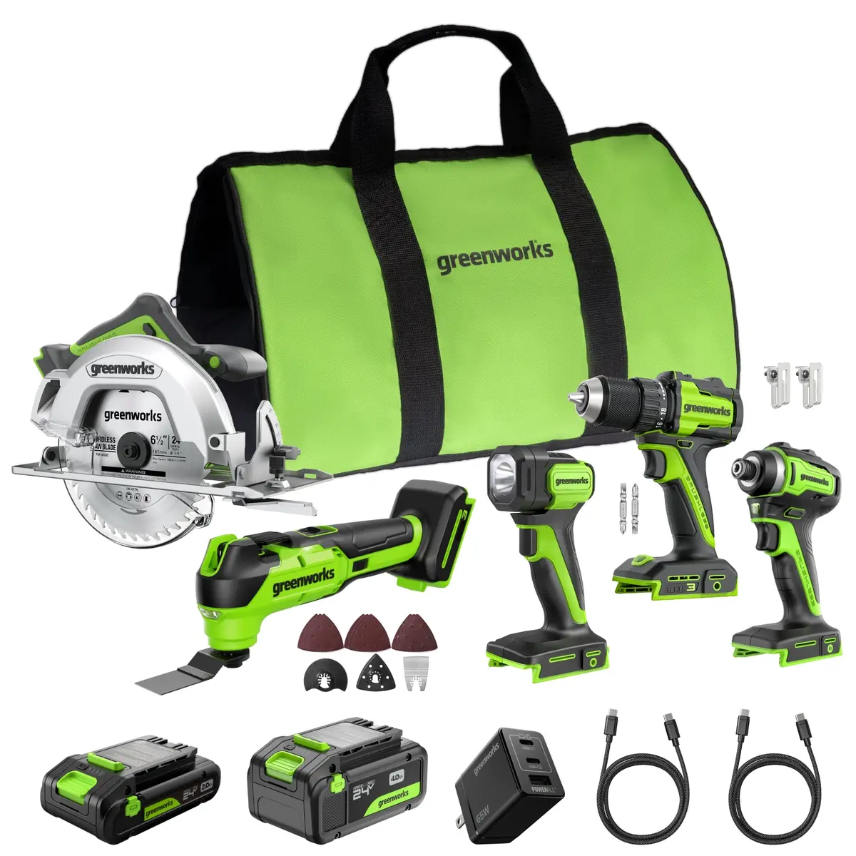 Greenworks 24V Brushless 5-Piece Power Tool Combo Kit, (1) 4.0Ah & (1) 2.0Ah Usb-C Batteries & 65W Usb-C Fast Charger Included 1
