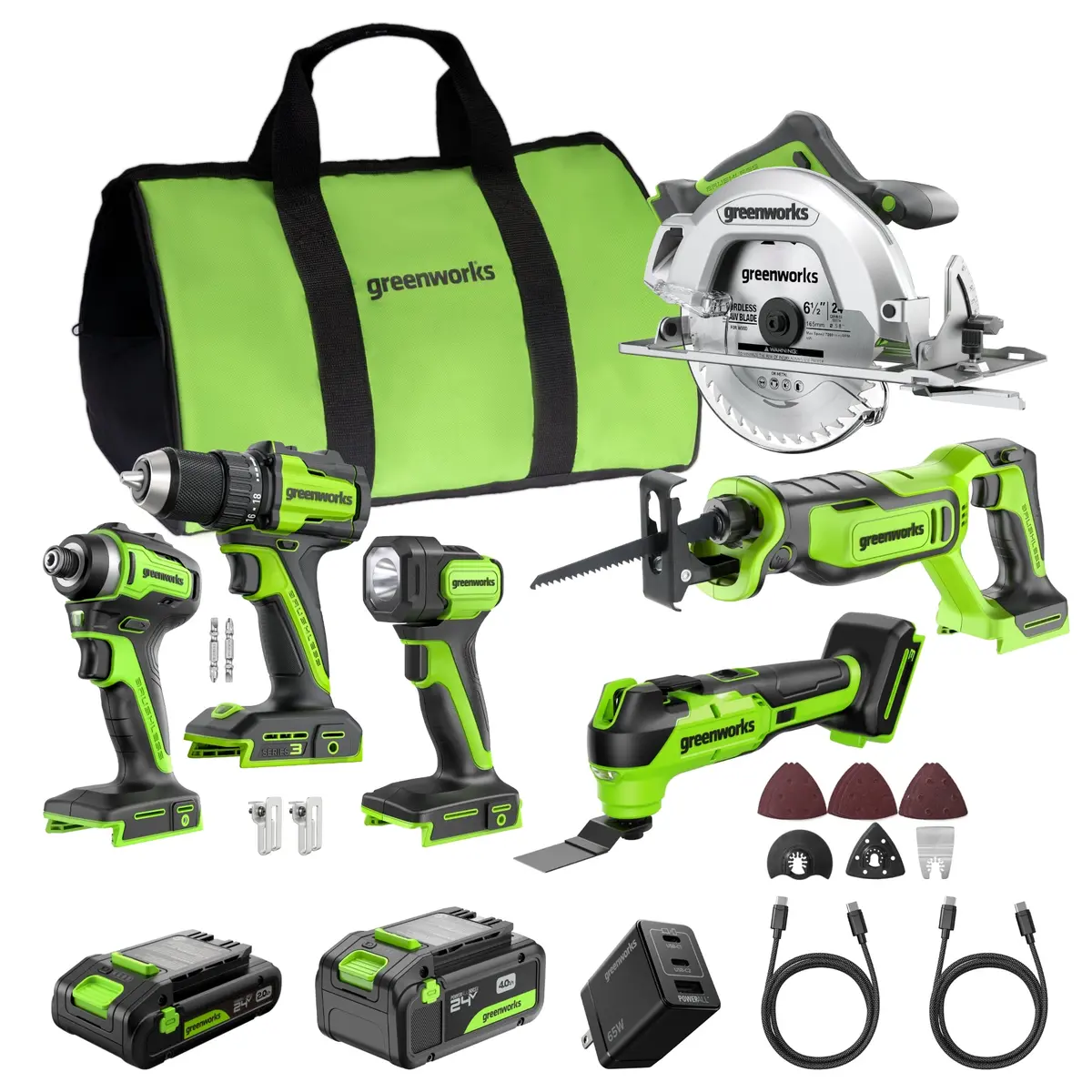 Greenworks 24V Brushless 6-Piece Power Tool Combo Kit, (1) 4.0Ah & (1) 2.0Ah Usb-C Batteries, 65W Usb-C Fast Charger Included 1