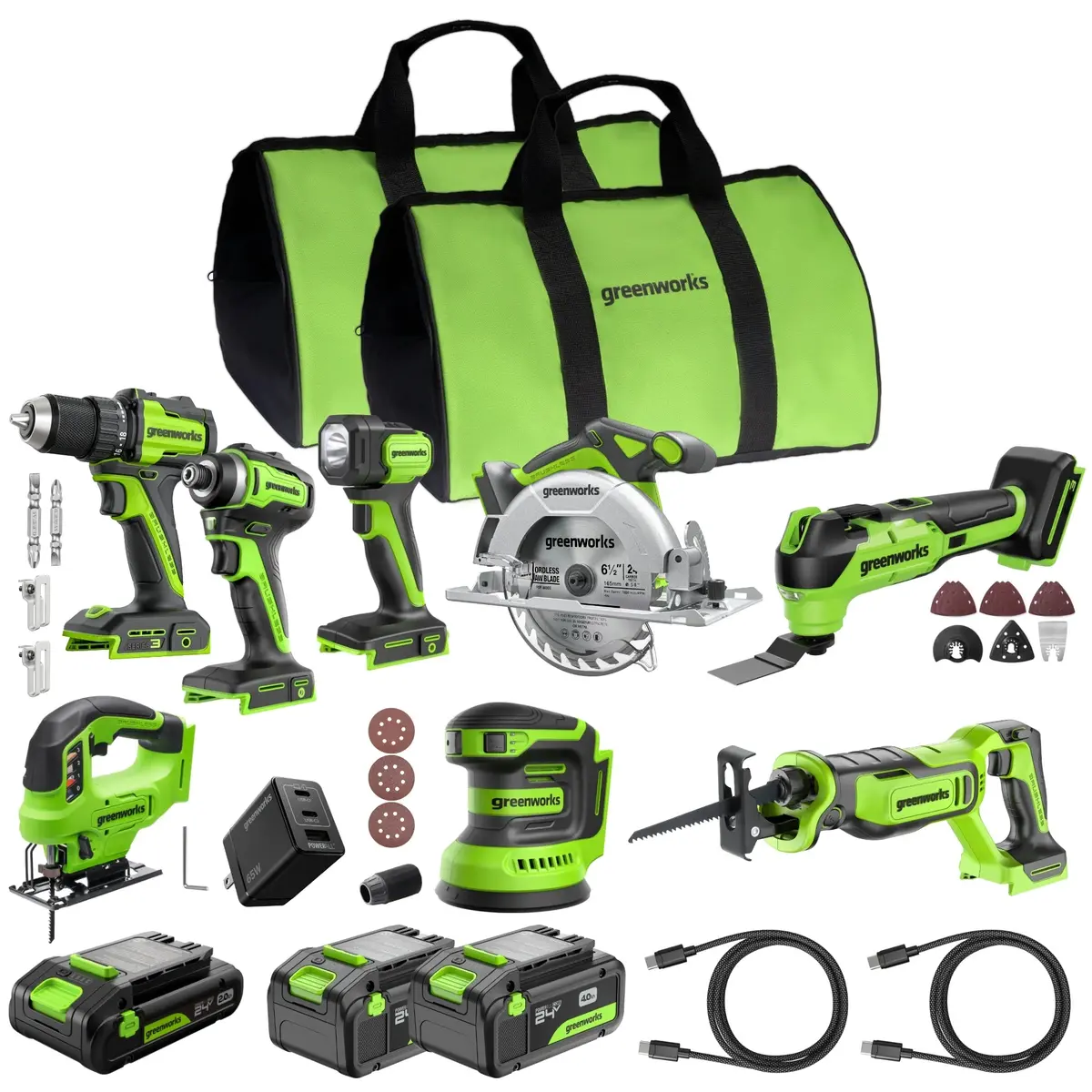 24V Brushless 8-Piece Power Tool Combo Kit, (2) 4.0Ah & (1) 2.0Ah Usb-C Batteries, 65W Usb-C Fast Charger Included 1