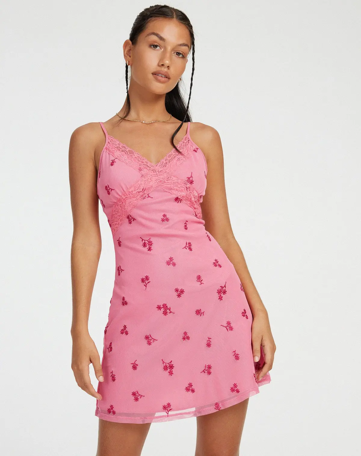 Coline Mini Dress In Pink Ditsy Daisy Embro 1