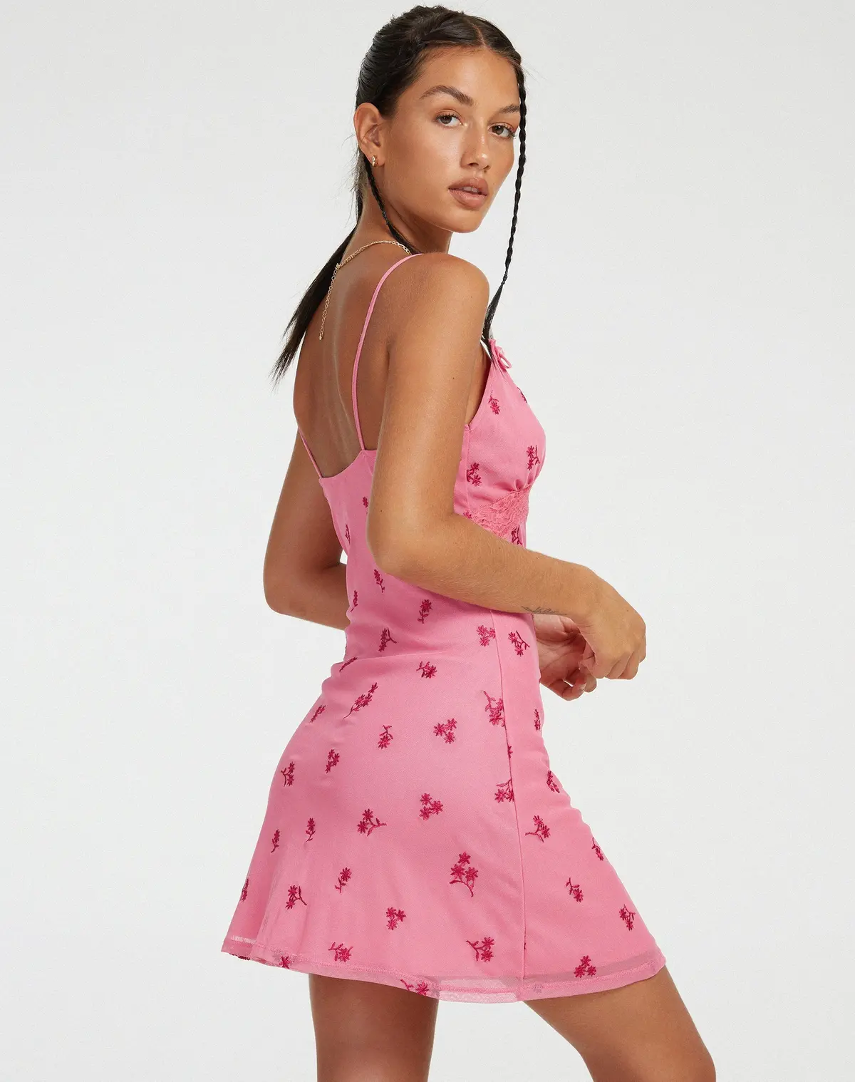 Coline Mini Dress In Pink Ditsy Daisy Embro 2