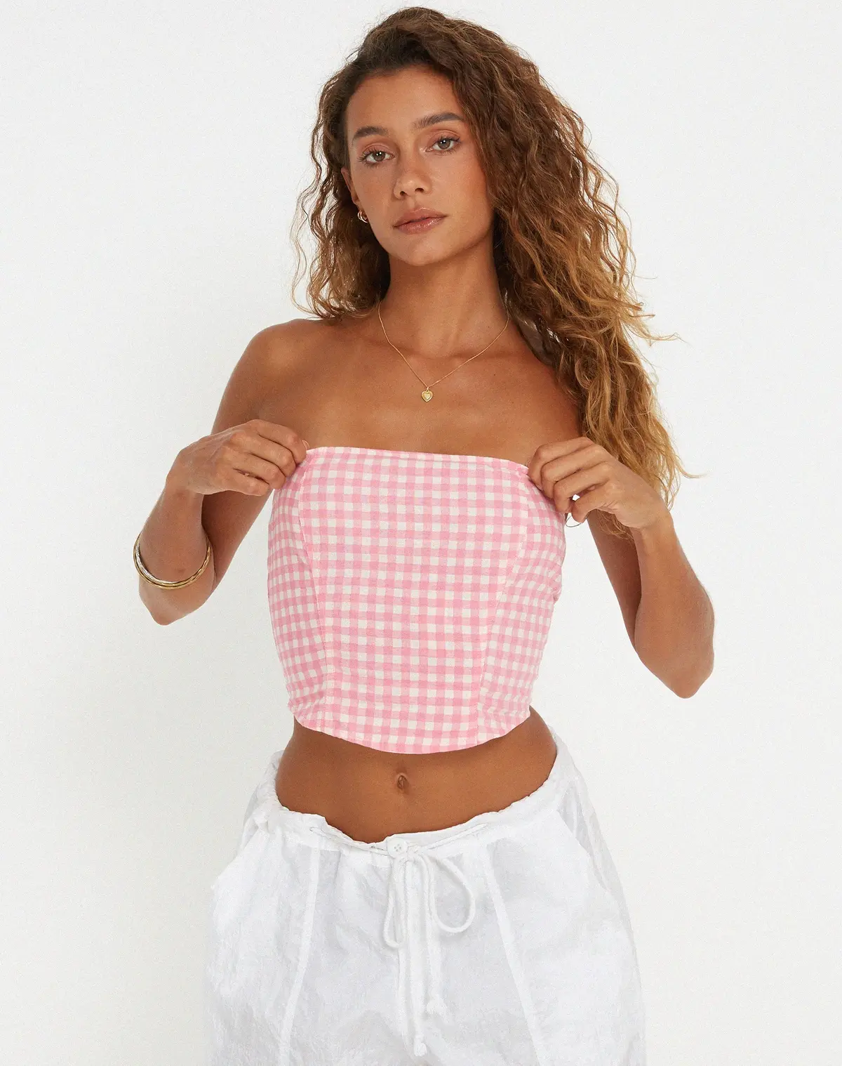 Den Bandeau Top In Gingham Pink 1