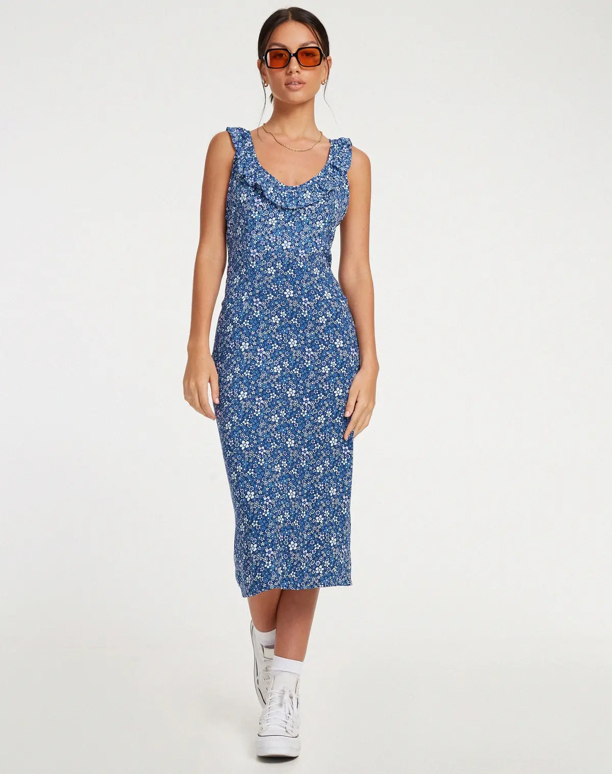 Elleta Midi Dress In Retro Floral Blue 1