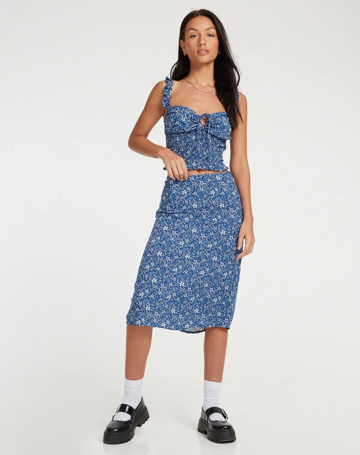 Harriet Midi Skirt In Retro Floral Blue 1
