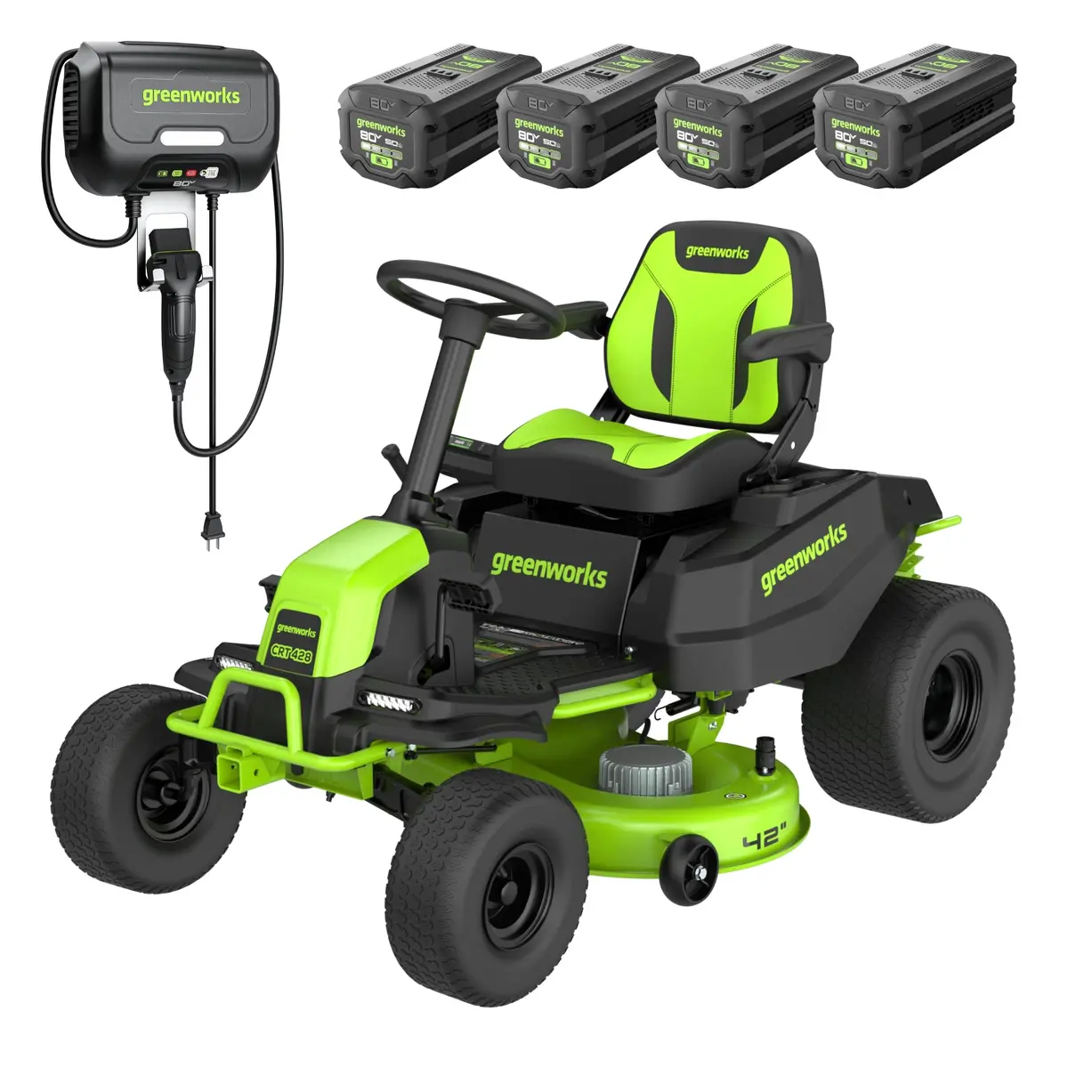 Greenworks Pro 80V 42" Electric Lawn Tractor, Riding Mower, (4) 5.0Ah Batteries And 600W Plug In Charger Included 1