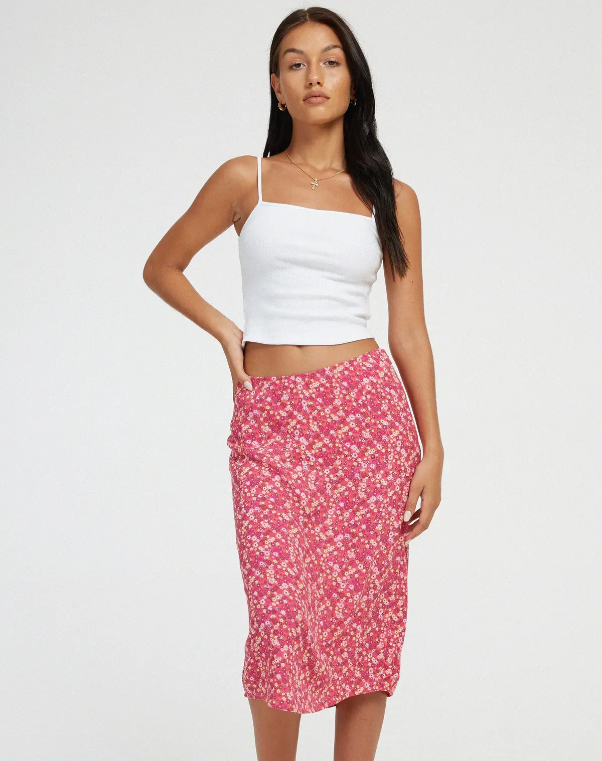 Harriet Midi Skirt In Ditsy Floral Pink 1