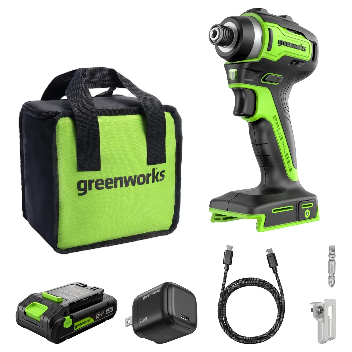 24V 1/4" 1950 In/Lbs Brushless Impact Driver Kit – 2.0Ah Usb-C Battery & 30W Usb-C Fast Charger Included 1