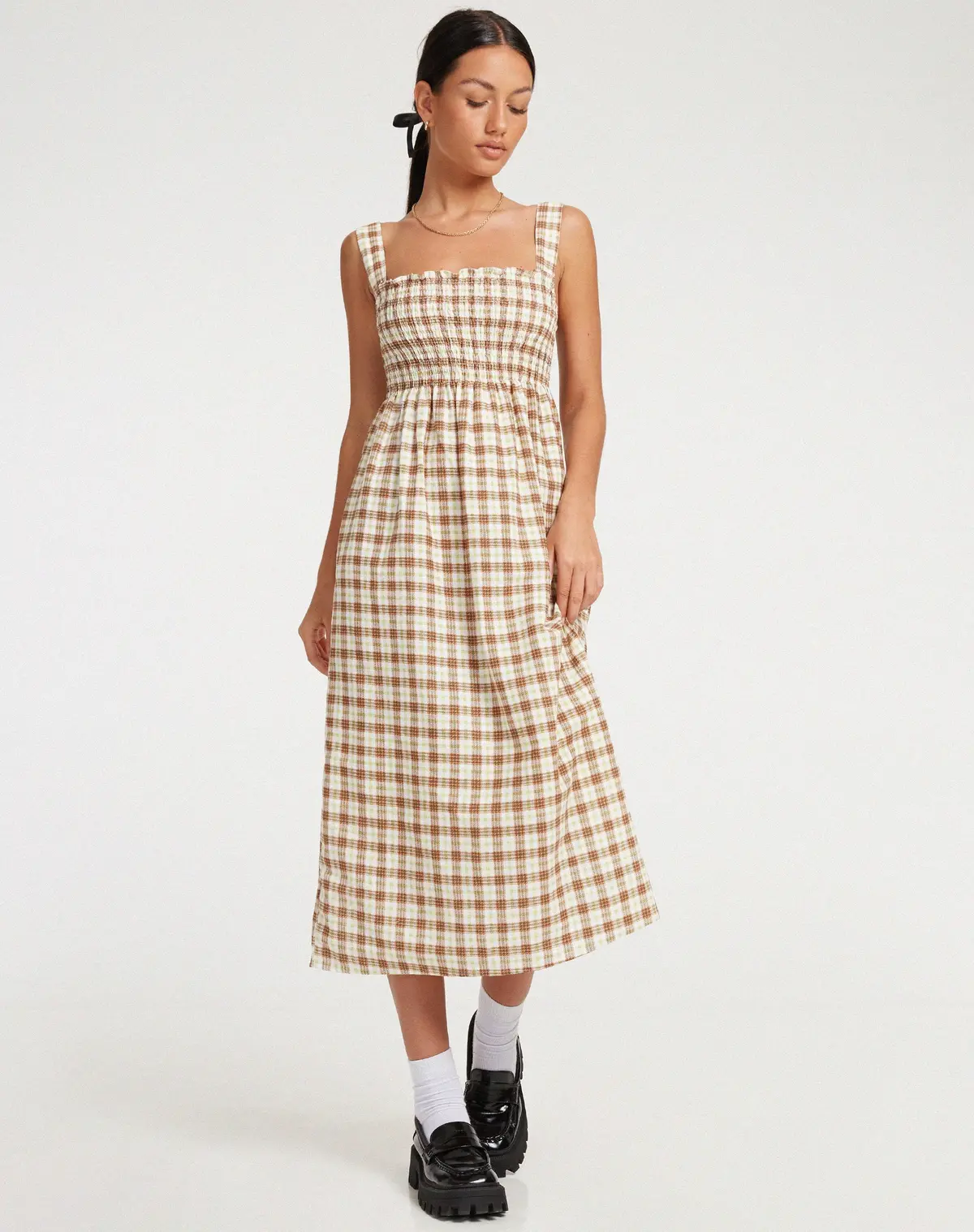 Jocasta Midi Dress In Yellow And Brown Check 1