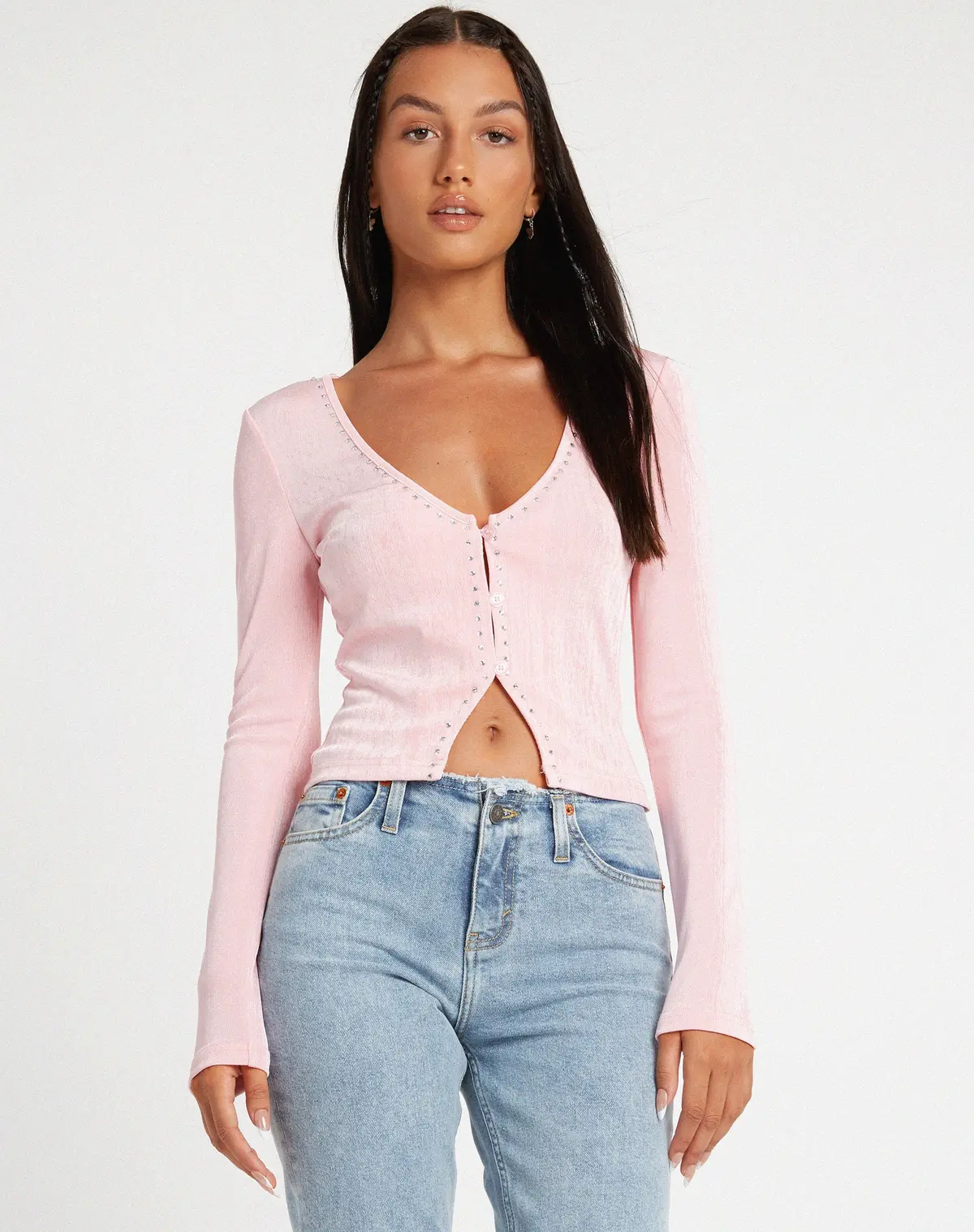 Kaigra Cardi In Baby Pink Silver Stud Hotfix 1