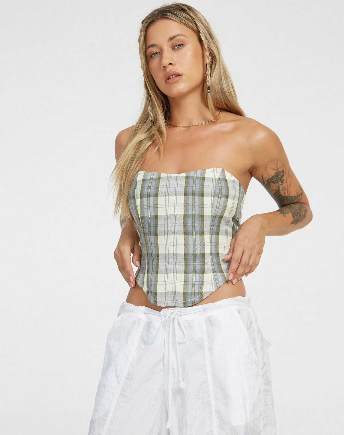 Kayashi Corset In Check Green And Cream 1