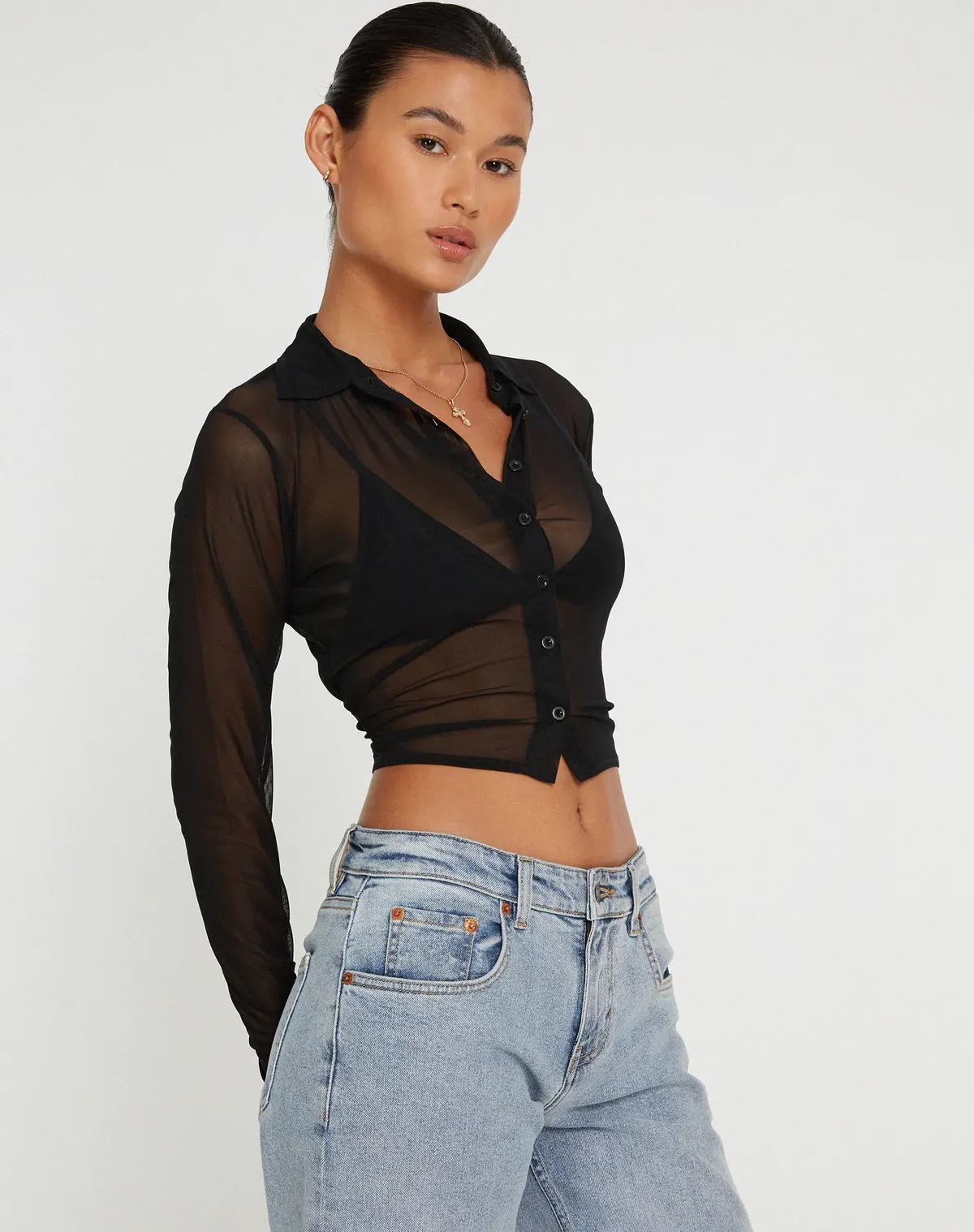 Kelly Cropped Shirt In Mesh Black 1