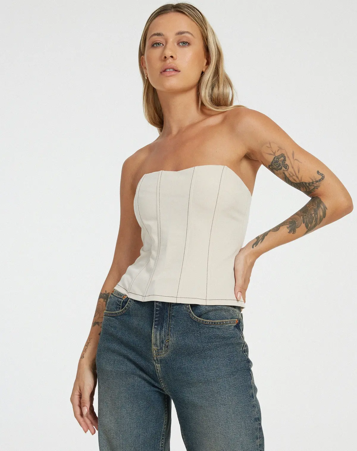 Kyana Corset In Ecru Brown Stitch 1