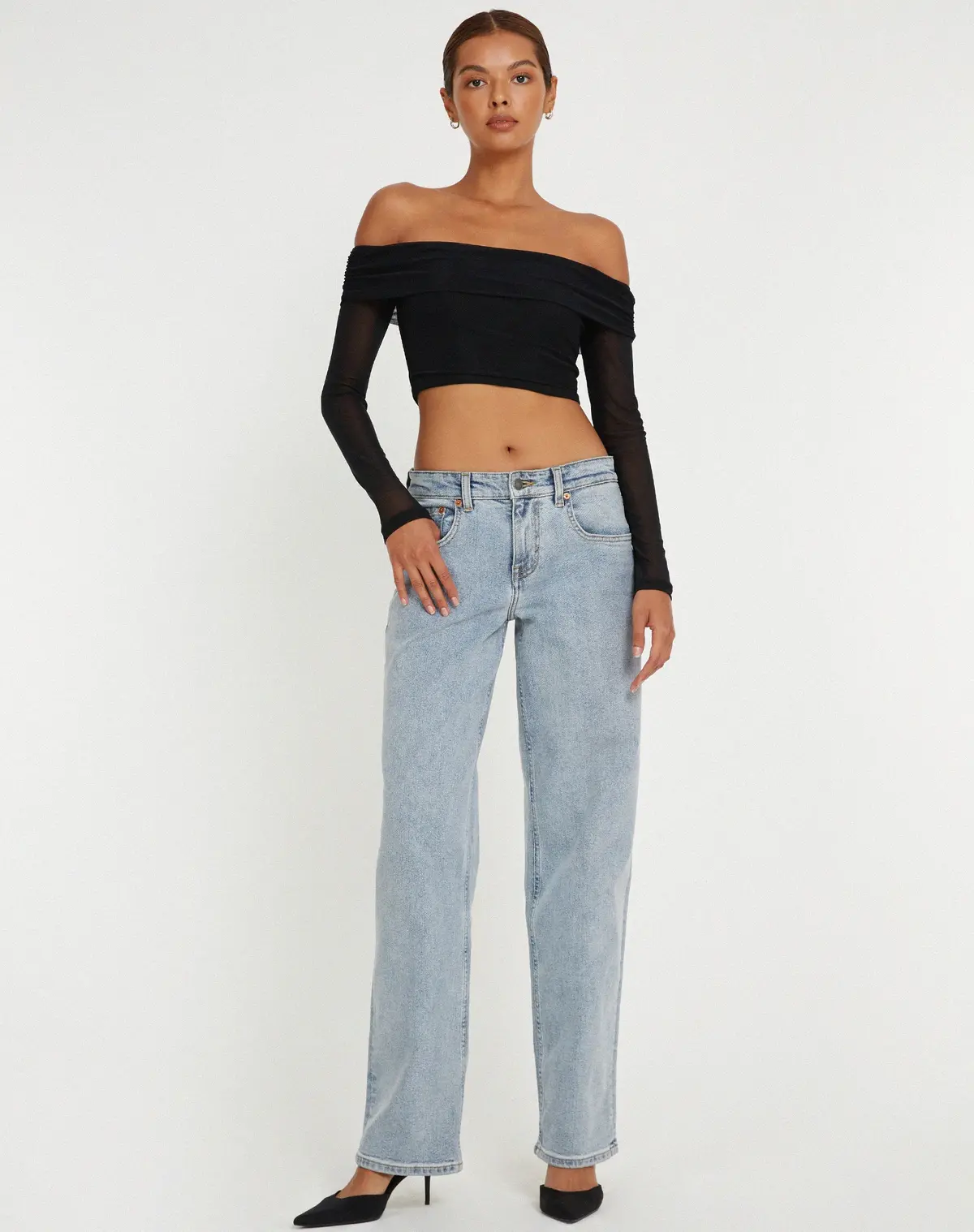 Nagini Long Sleeve Bardot Crop Top In Black 3