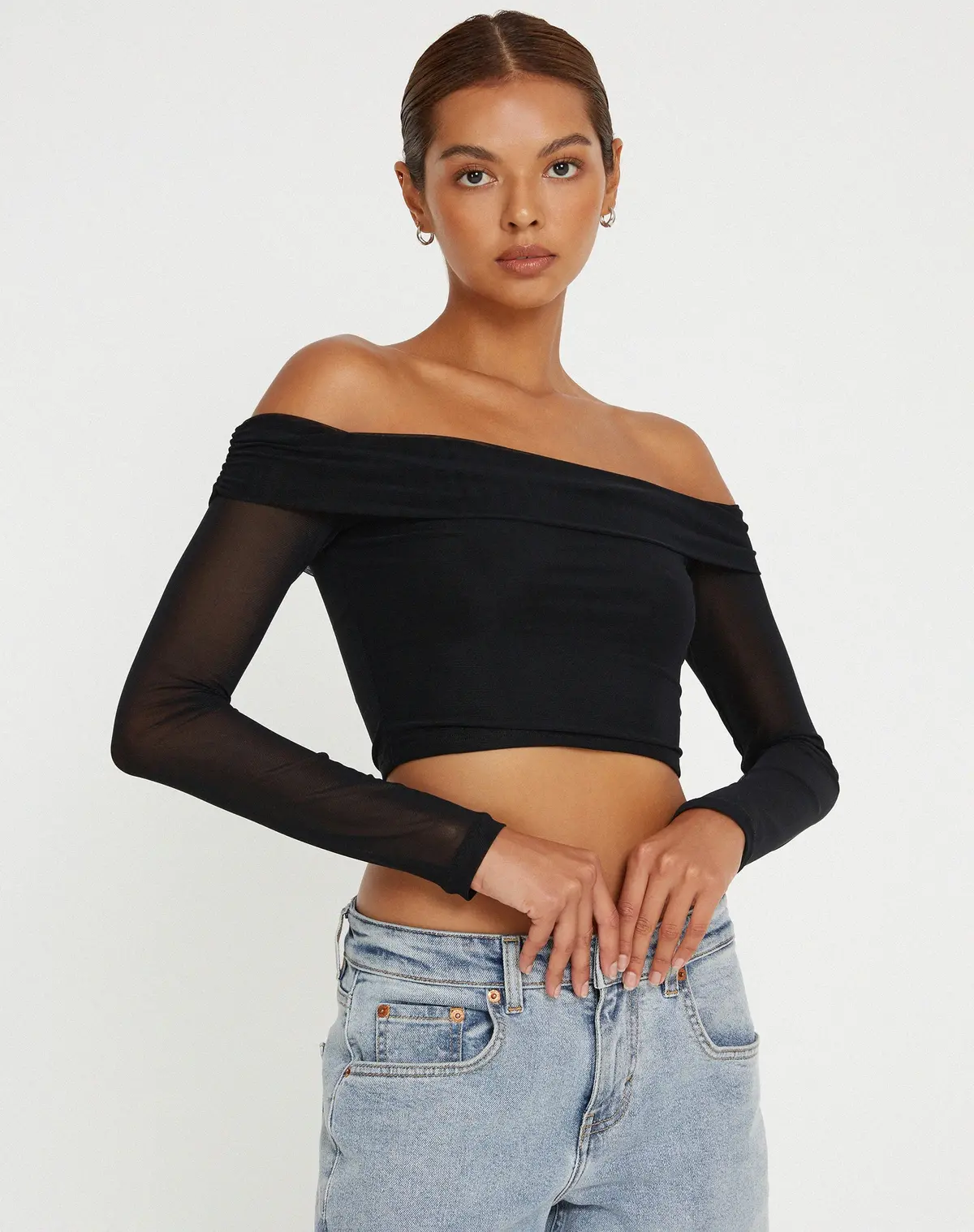 Nagini Long Sleeve Bardot Crop Top In Black 1