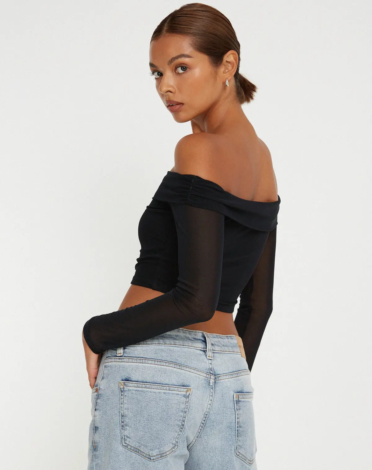 Nagini Long Sleeve Bardot Crop Top In Black 2